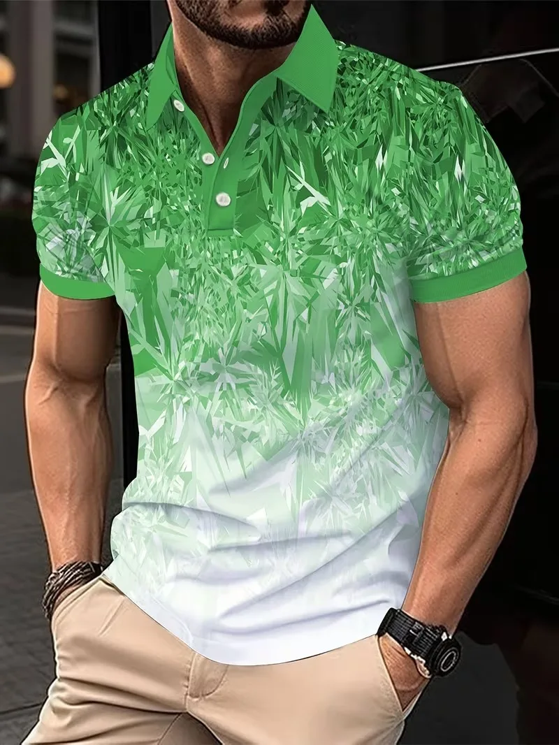 Men's Polo Shirt Gradient Printed Outdoor Casual Button Lapel Golf T-Shirt Street Fashion Male Loose Oversized Men's Clothing