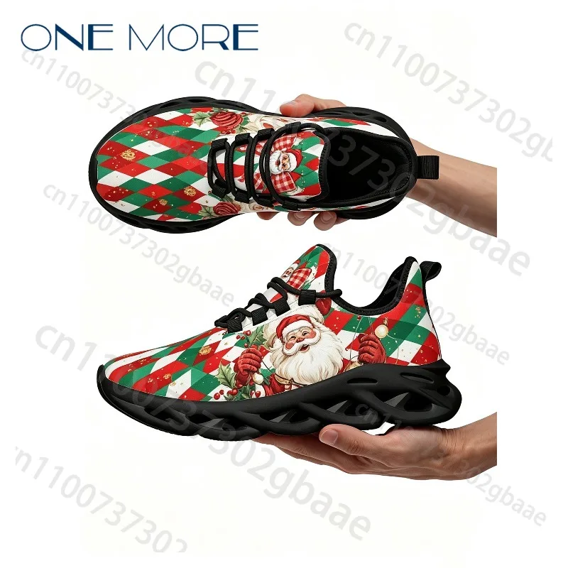 2026 Christmas Santa Print Wave Sole Mesh Sneakers Men Women Interest Red Green Color Blocking Outdoor Lightweight Shoes