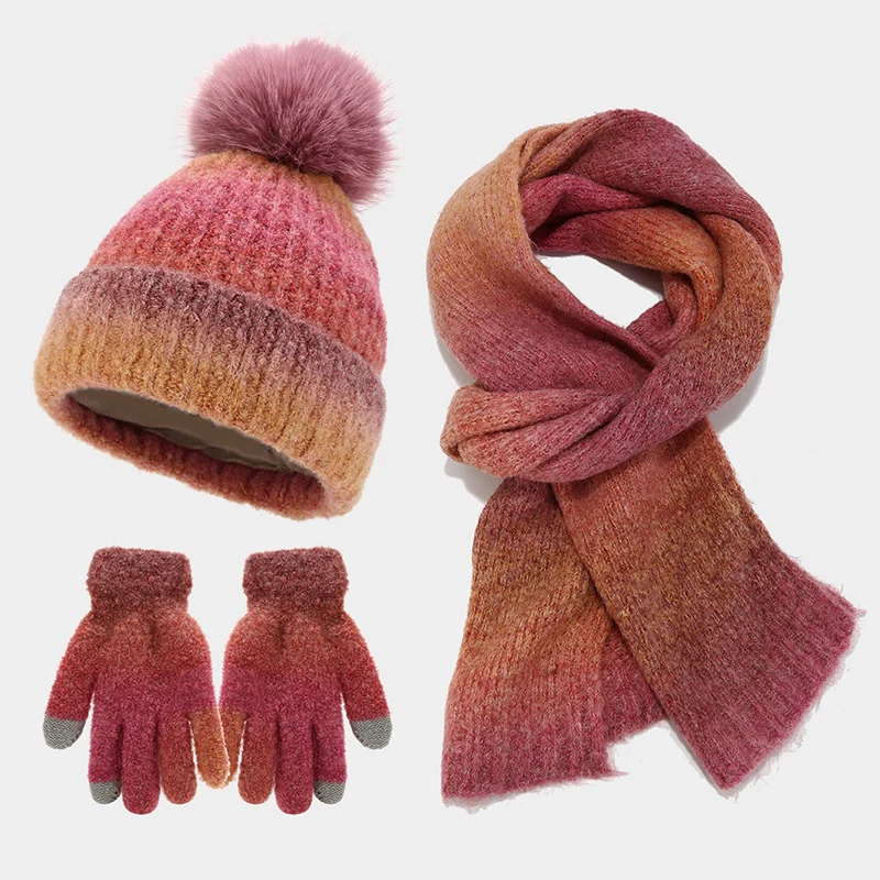 

Winter Pompom Hat Scarf Glove Sets Tie-Dyed Knitted Beanies Plush Lining Thicken Bonnet Touch Screen Gloves Windproof Skiing Cap