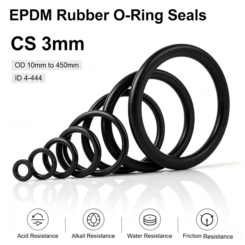 EPDM Rubber Sealing O Ring 3mm Cross Section, OD10-450 ID4-444, Friction & Chemical Resistant Washer Gasket