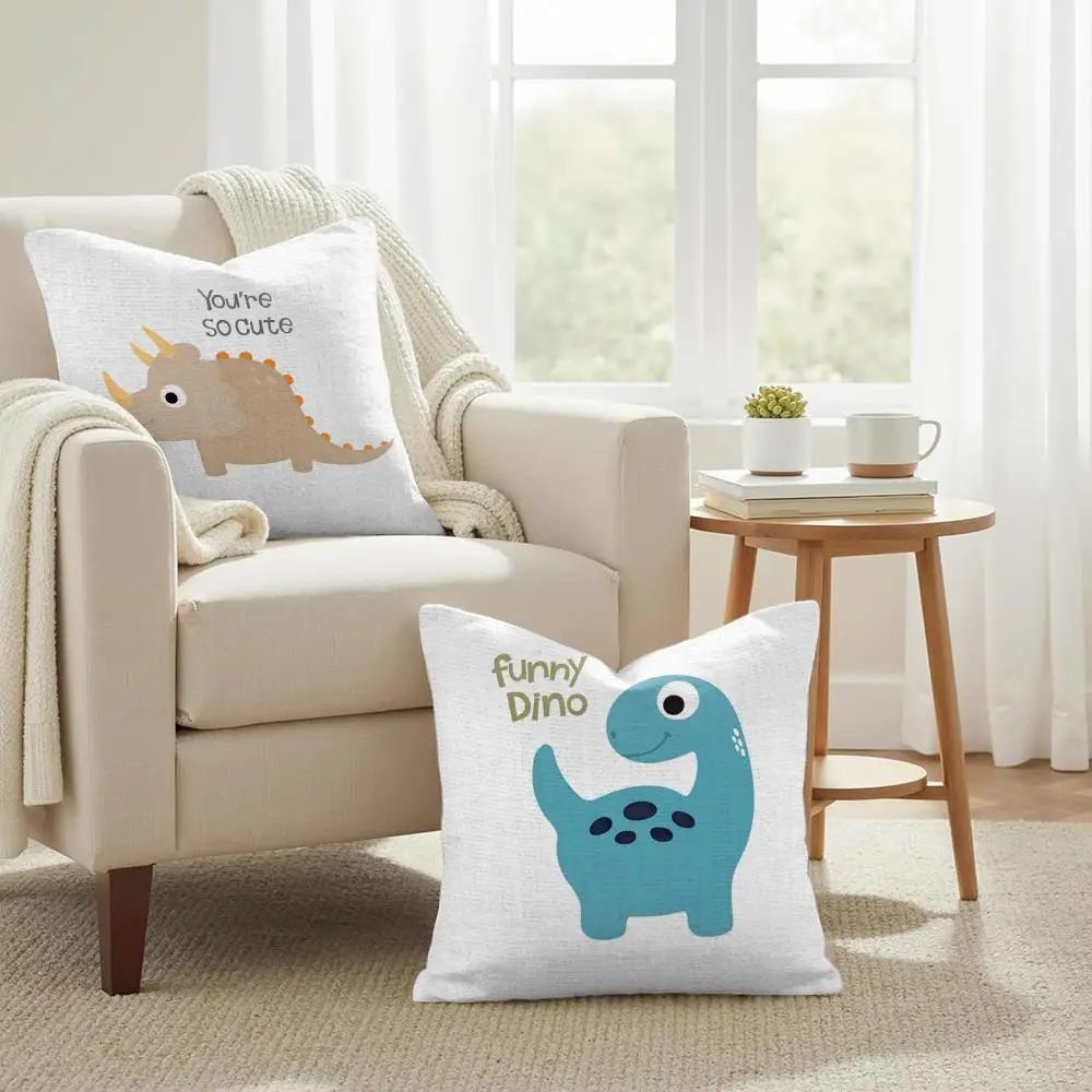 Cute Jurassic Dinosaur Cushion Cover Double-Sided Printed Organic Linen Pillow Cover, Decorative for Sofa Home
