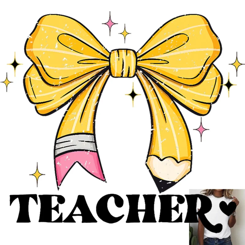Creative Teacher - themed Heat - transfer White Ink Iron - on Patch, Yellow Bow Pencil Pattern, Suitable for T - shirts &
