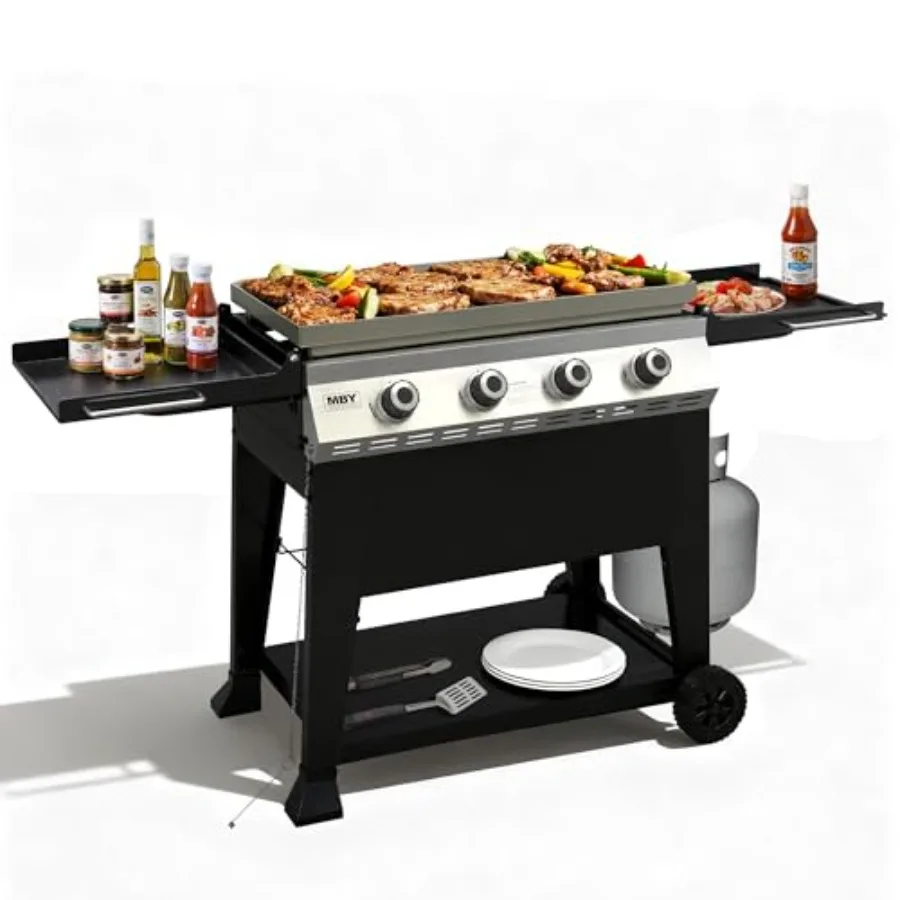 

32-дюймовый уличный газовый гриль-грильлет с плоской поверхностью, 4 конфорками, 40000 BTU, из стали с порошковым покрытием, портативный, с боковыми полками для барбекю