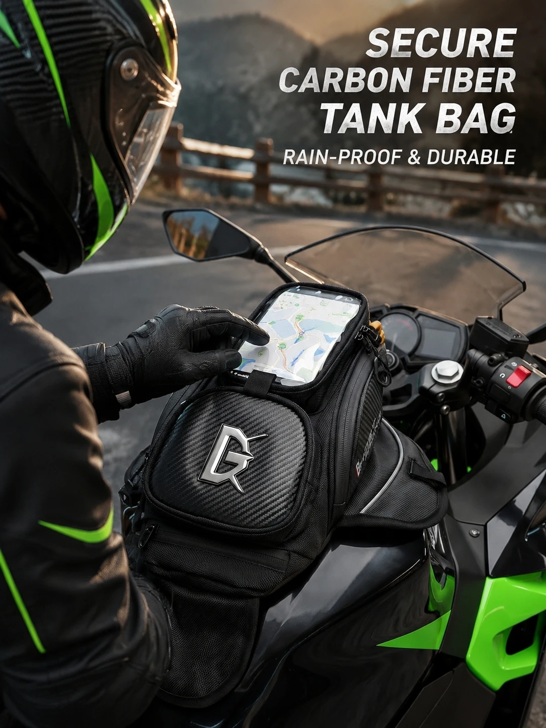 Motorcycle Magnetic Tank Bag Touch Screen Navigation Waterproof Oil Fuel Tank Bag with Shoulder Strap Carbon Fiber Motorbike