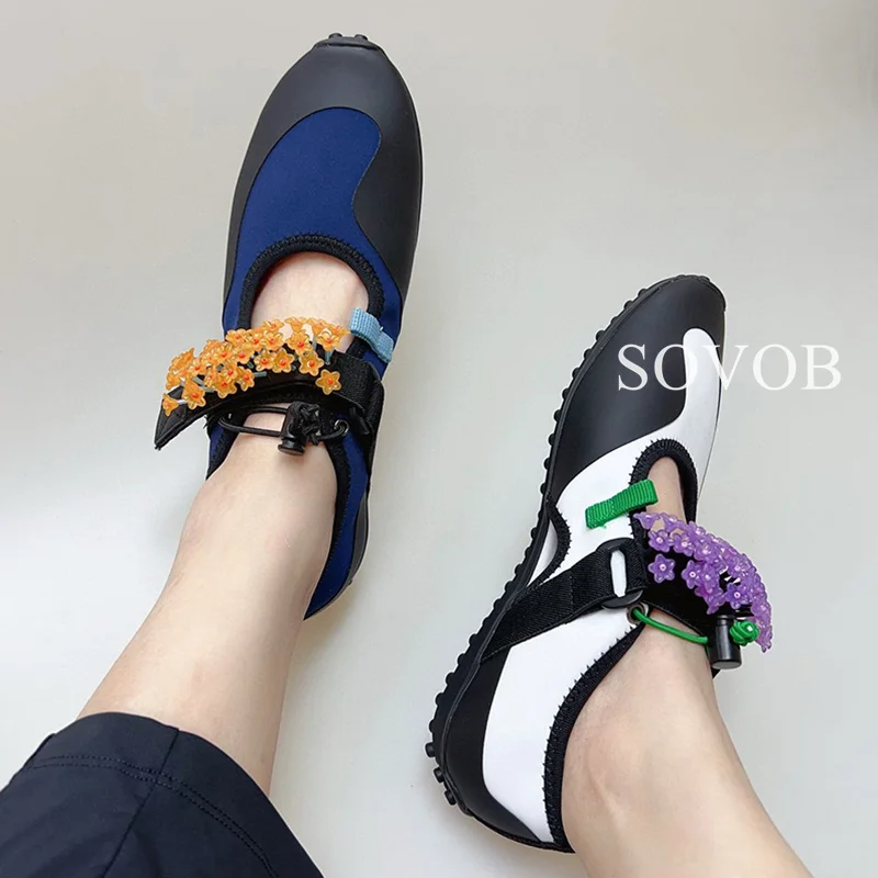 Spring Autumn Crystal Flower Decorative Ballet Shoes Women Color Blocked Breathable Shallow Mouth Flat Bottom Mary Jane Shoe