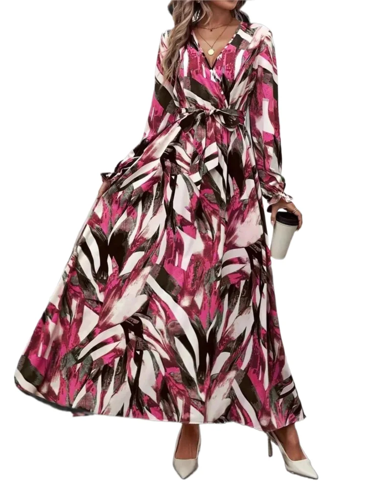 

Lady Floral Print Loose Dress Fashion Long Sleeve V Neck Lace-up High Waist Dresses For Women Holiday Skirt Robe Femme Autumn