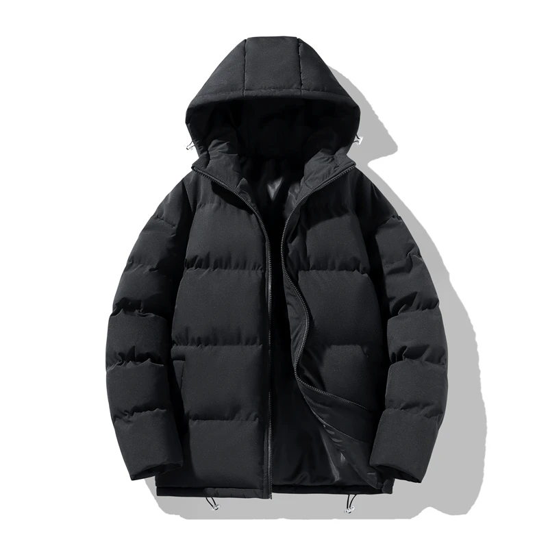سترة منتفخة دافئة سميكة للرجال معطف بقلنسوة ملابس خارجية فضفاضة غير رسمية بلون سادة سترة شتوية عصرية ملابس خارجية يومية #5