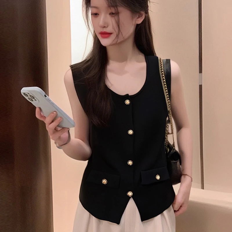 

Однобортный элегантный женский летний повседневный кардиган без рукавов с круглым вырезом, топы