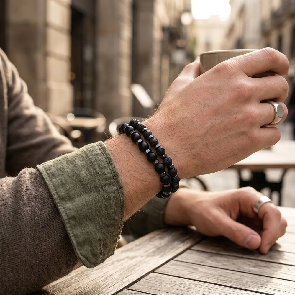2Pcs/set Men Beaded Bracelet Men Natural Lava Rock Matte Black Onyx Stone Bracelet Male Prayer Jewelry Gift