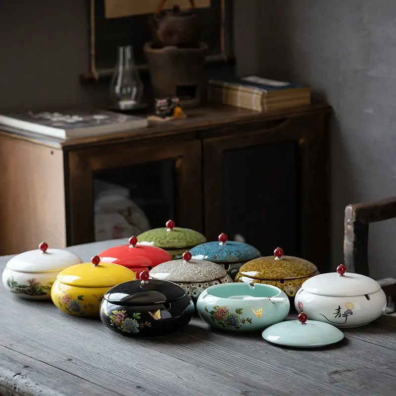 Retro Ceramic Ashtray Tray Coffee Shop Desktop Creative Ornaments Living Room TV Cabinet Ashtrays with Lid Home Decoration