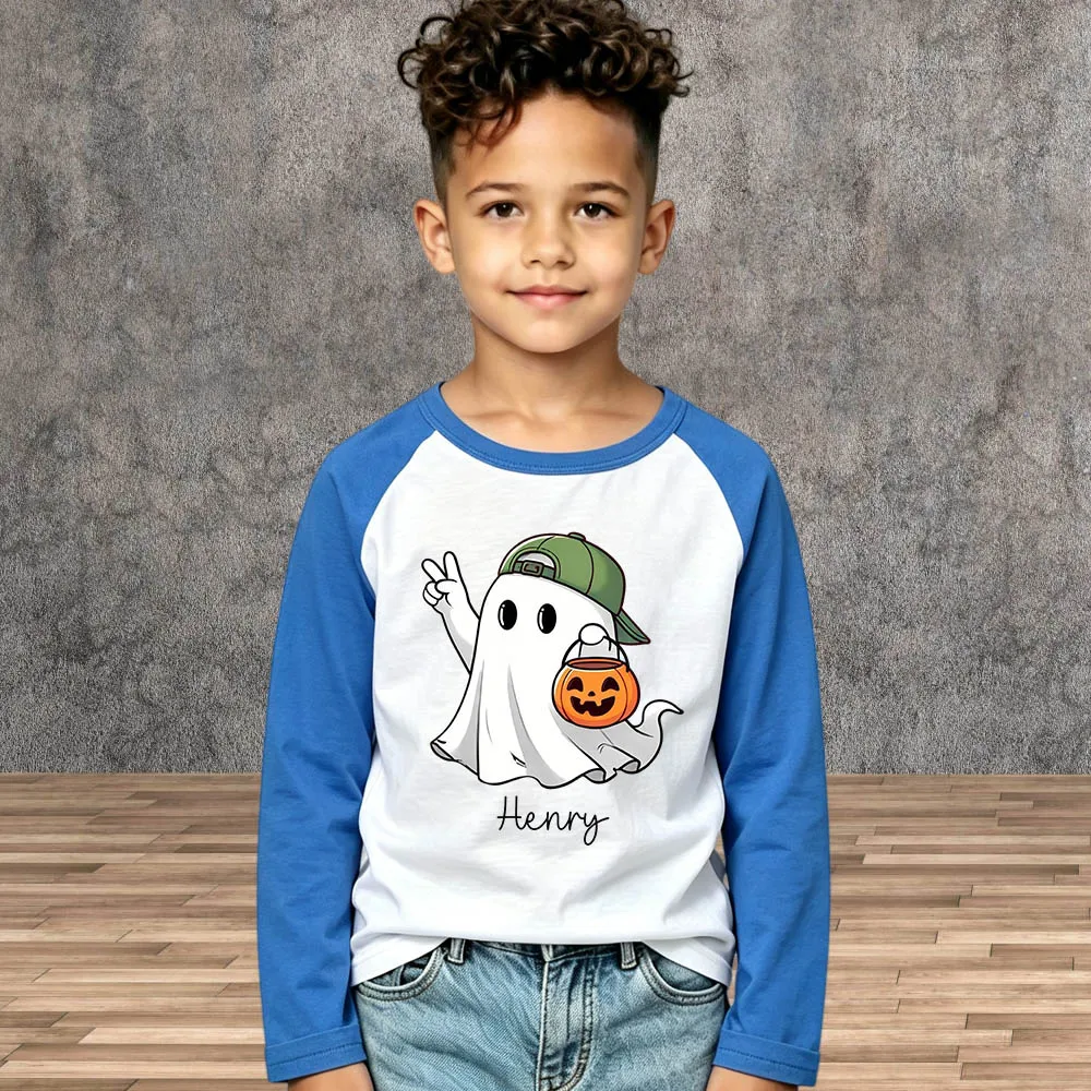 Halloween Custom Kids Name Shirt Toddler T‑Shirt Cute Ghost Print Personalized Gift Cotton Long Sleeve Boys Girls Children Tops
