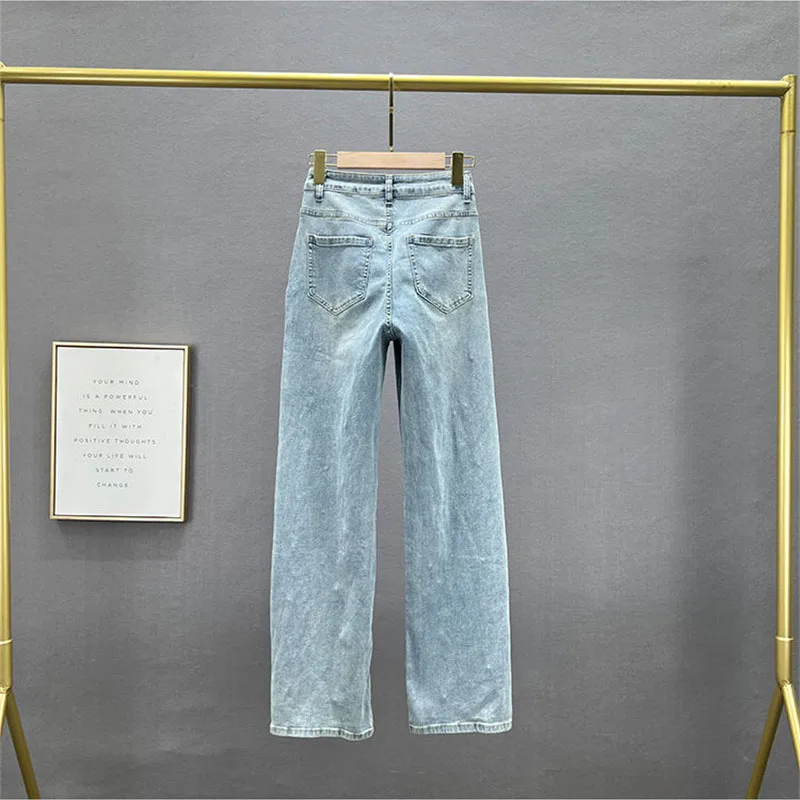 Pantaloni in Denim Jeans con perline alla moda pantaloni a gamba larga marea femminile 2024 nuovi pantaloni larghi a vita alta primaverili ed estivi