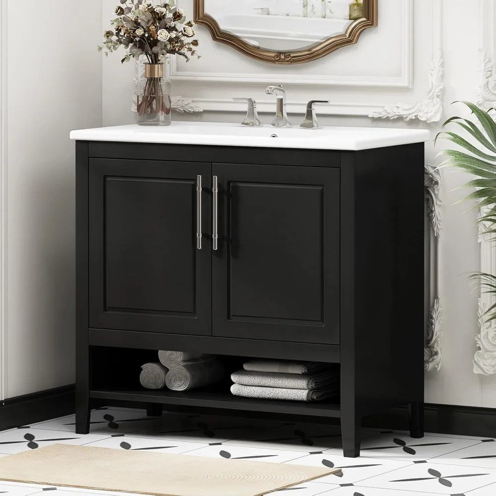 36 Inch Bathroom Vanities with Undermount Ceramic Sink Two Pull in/Out Drawers, Soft Closing Doors, Solid Wood Frame Board,Black