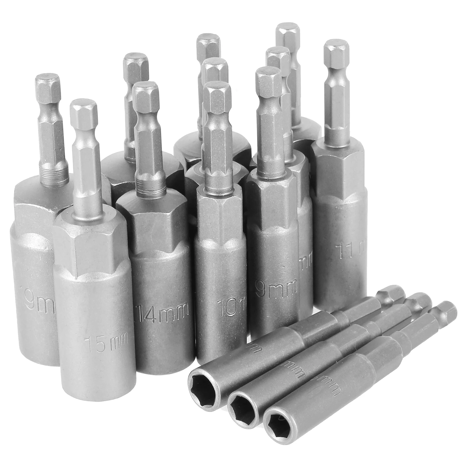 14Pcs  6-19mm Deep Socket Adapter Set Hex Shank Nut Driver Bits Set Nut Setter Drill Bit Set Magnetic Hexagonal Sockets Set