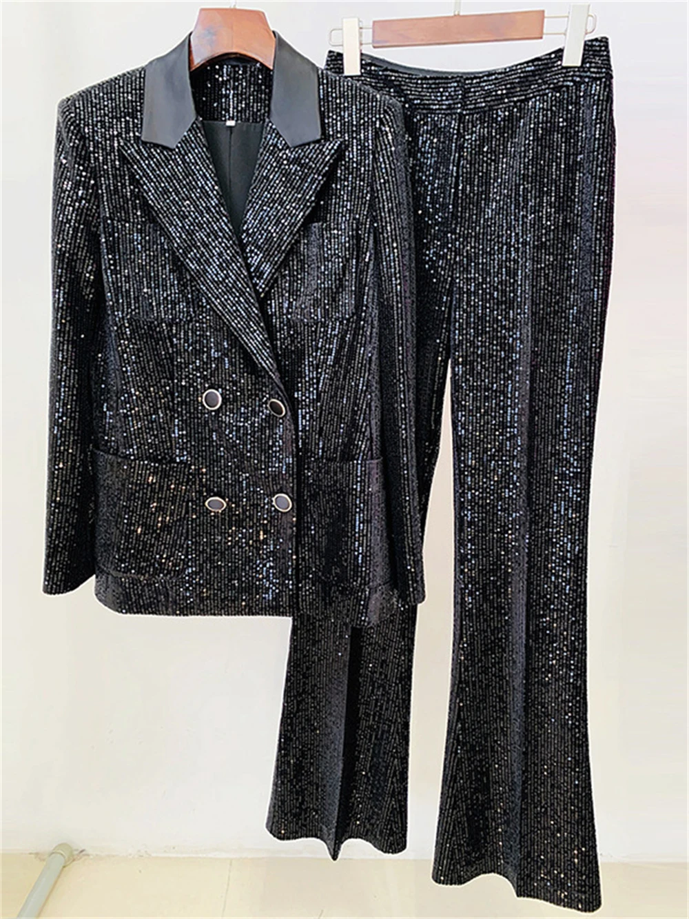 Glitter Sequined Women 2 Pieces Suit Set Fashion High Street Designer Tuxedo Set Double Breasted Blazer With Wide Leg Pants