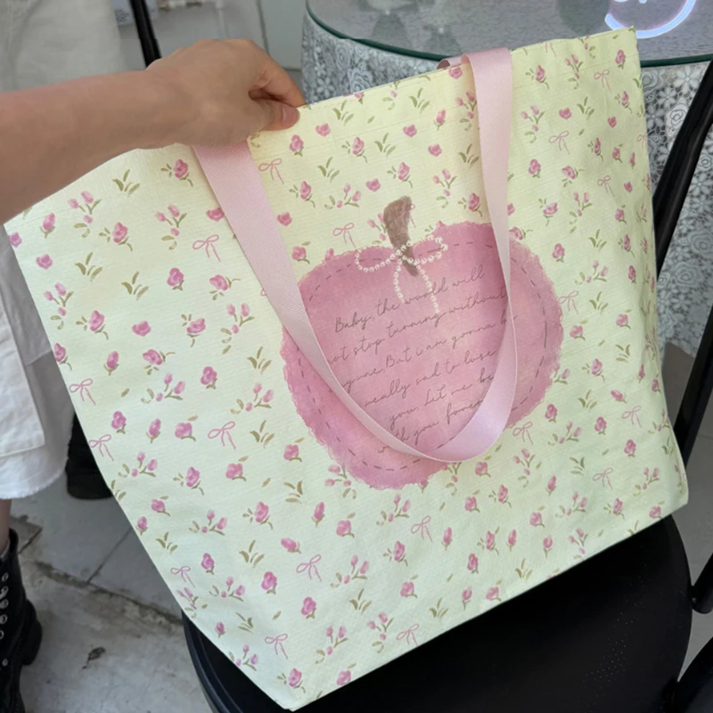 Korean Apple Print Tote Bag Women Cute Pink Bow Print Large Capacity Shoulder Bag Aesthetic Student School Handbag