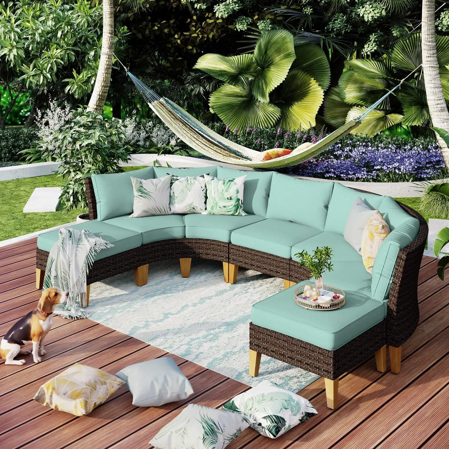 7 Piece Oversized Wicker Patio Furniture Set, All Weather Rattan Outdoor Half Moon Curved Modular Sofa Set for Garden, Backyard