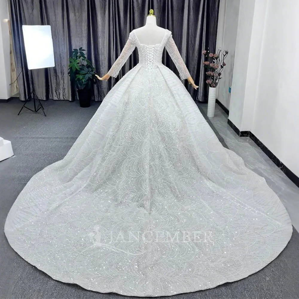 Customized Vestido De Noiva boda Long Sleeve Superfine Ball Gown Wedding Dress Hand Made Flowers Sequined Beading Hochzeitskleid