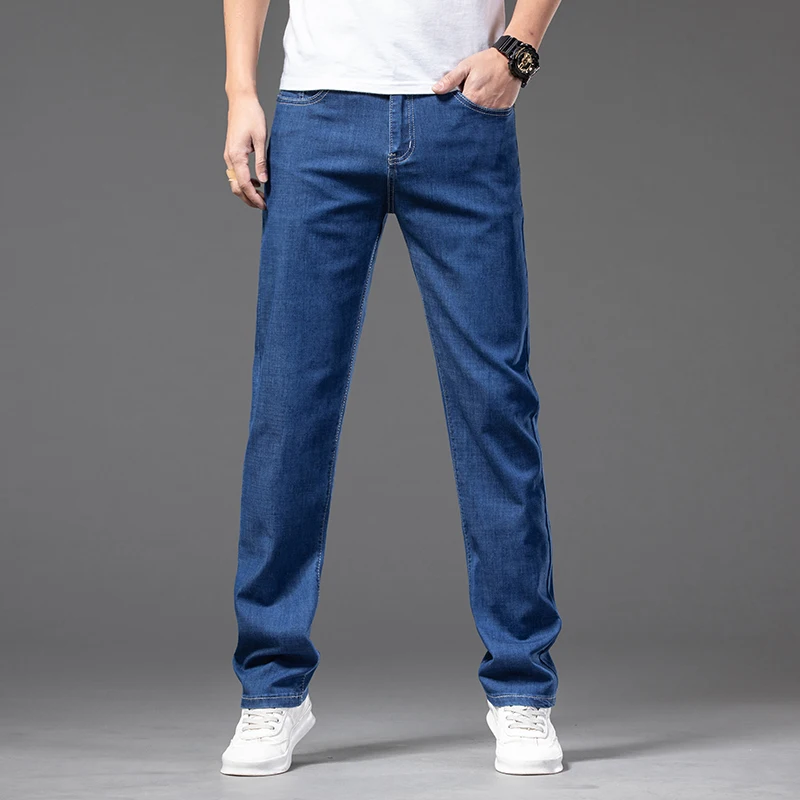 Large Size 44 46 Denim Jeans For Fatty Men Thin Summer New Straight Elastic Denim Pants Fashion Male Business Casual Trousers