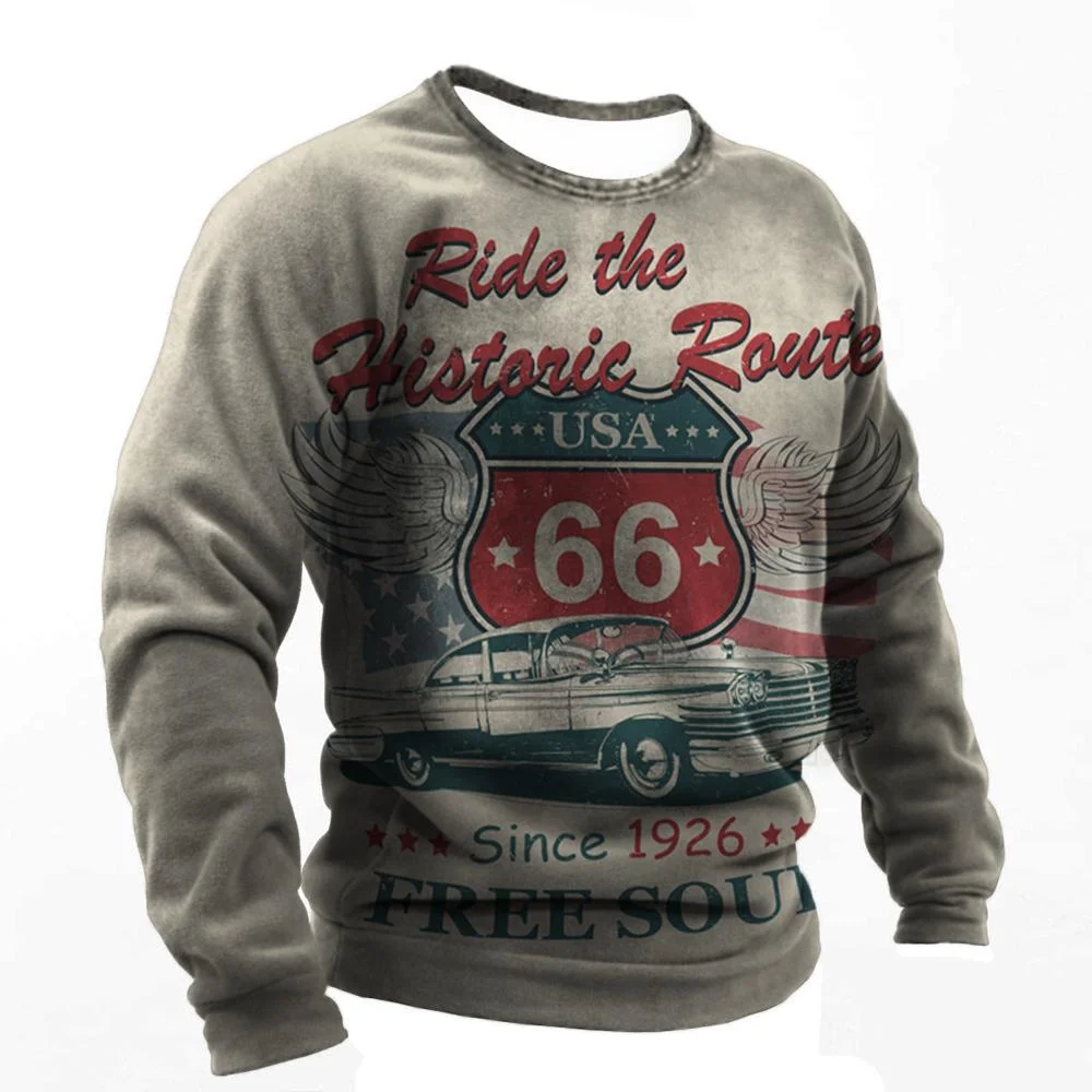 Vintage Long Sleeves T-shirt For Men Route 66 Print Long Sleeve Tops Outdoor Biker T Shirt Oversized Tee Shirt Men Clothing