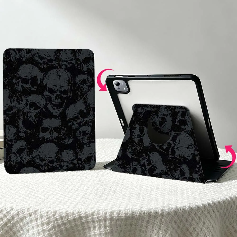 Black Skull Pattern For Xiaomi Mi Redmi Poco Pad 8 7 7S 6 6S 5 SE Pro Ultra 360° Rotation Stylus Storage Tablet Case Soft