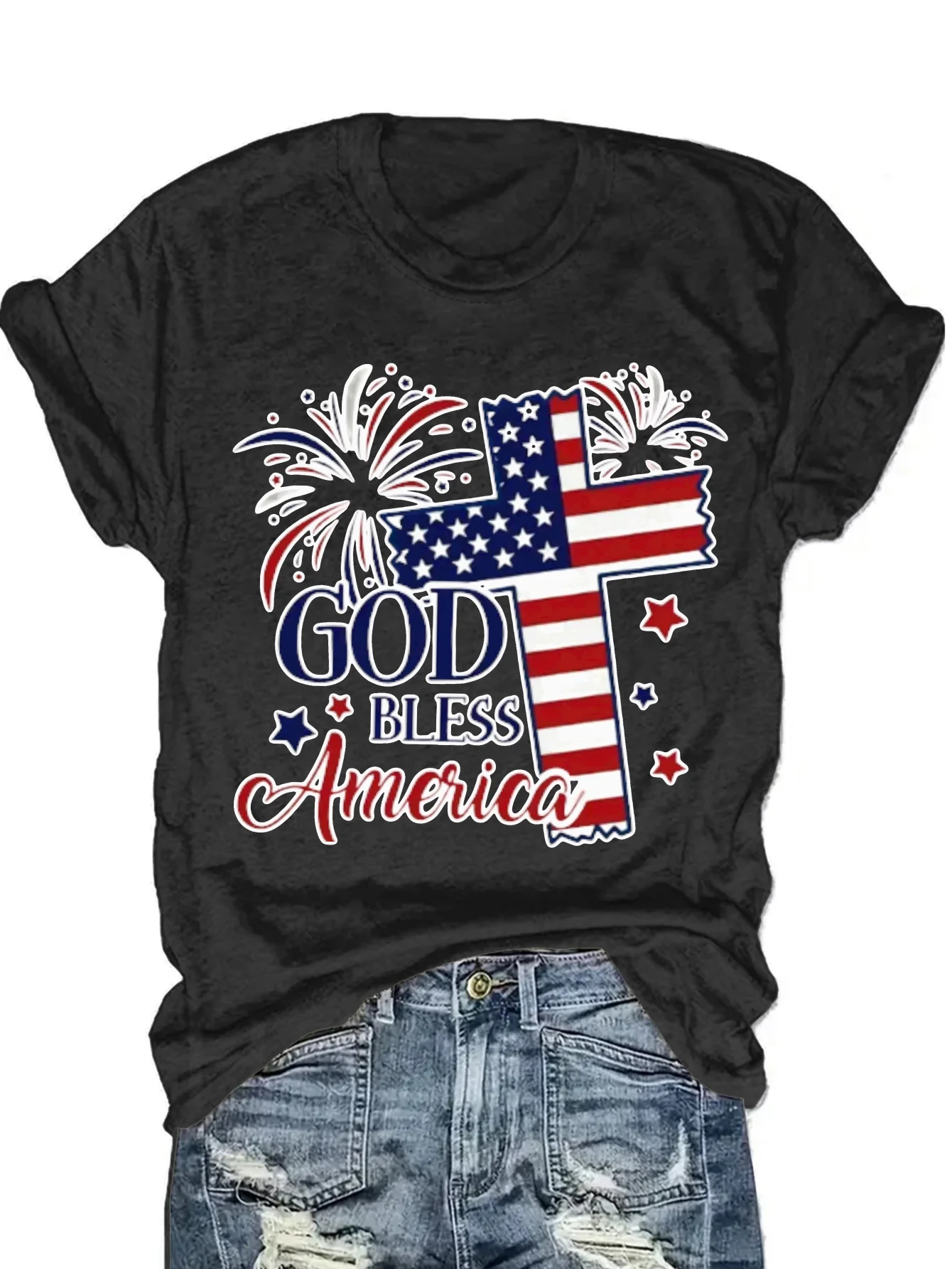 God Bless America Patriotic Cross Graphic Tee - Stylish 4th of July Fireworks Print Women's Casual Summer Top | USA Flag Design Perfect for Independence Day Celebrations
