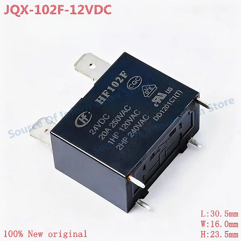 5Pcs JQX‑102F‑12VDC Hongfa HF102F Power Relay 12VDC 20A 250VAC SPST‑NO 4‑Pin Quick Connect Relay