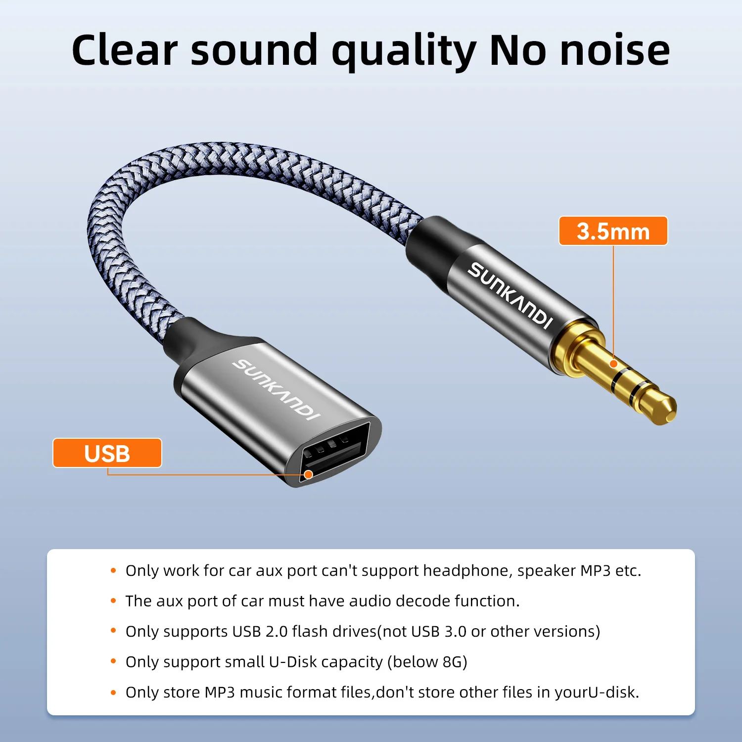 SUNKANDI 3.5mm AUX Audio Cable, 3.5mm to USB 2.0 Female OTG Adapter Converter Cable for Playing Music with U-Disk in Your Car