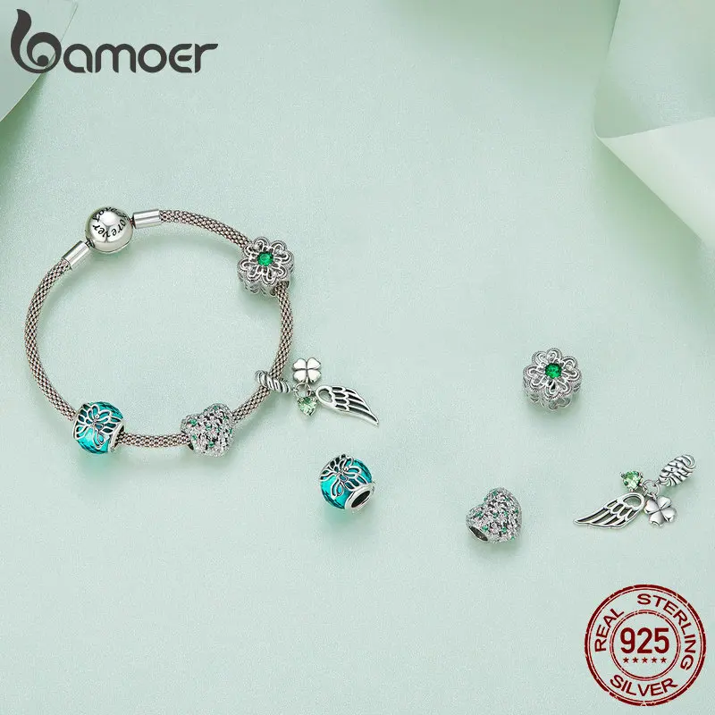 Bamoer 925 Sterling Silver Four-leaf Clover Pendant Charms Heart Shape Lucky Bead for Women Bracelet and Bangle DIY Fine Jewelry