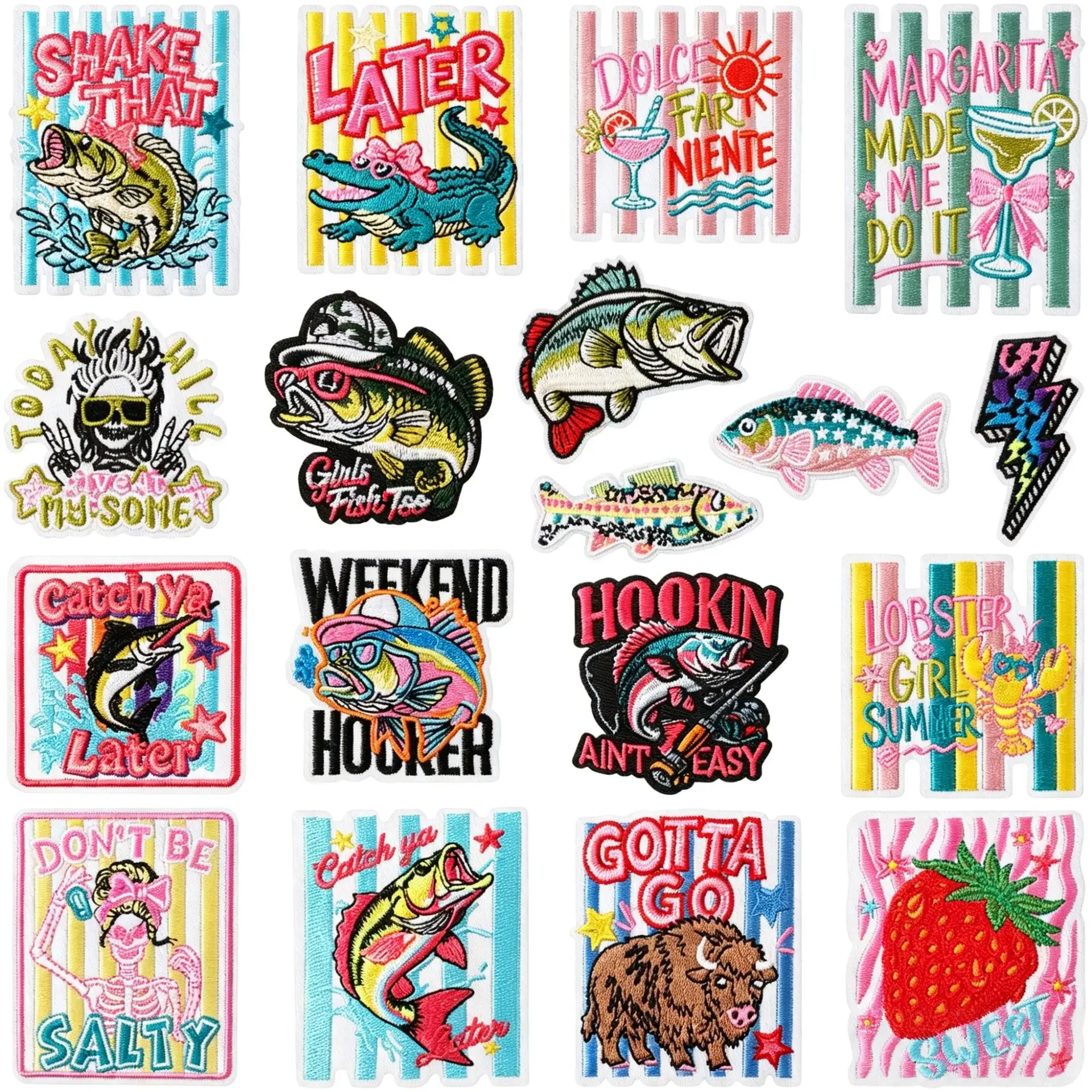 1PCS Retro American Fishing Embroidered Patches, Iron on Fish Gator Lobster Strawberry Skull Appliques for DIY Denim Bags