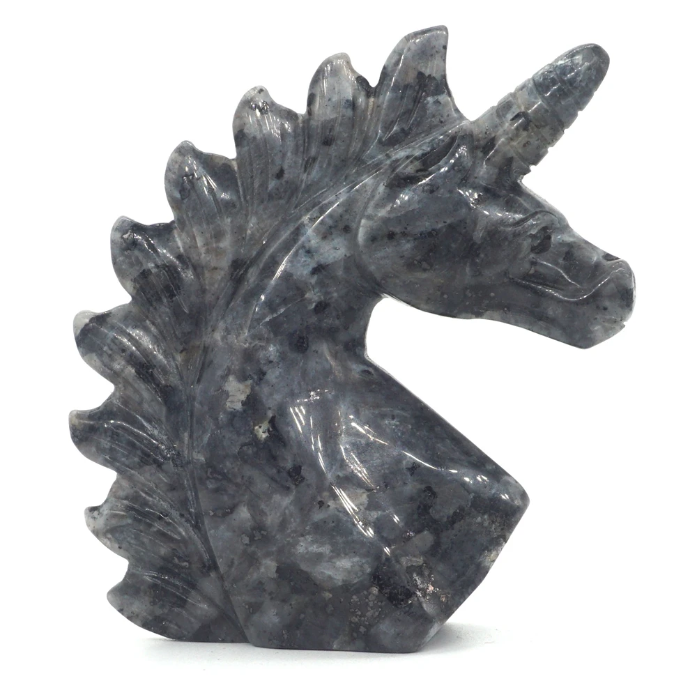 

3.2" Unicorn Head Statue Figurine Natural Larvikite Labradorite Stone Gemstone Crystal Sculpture Craft Animals Ornament Gift