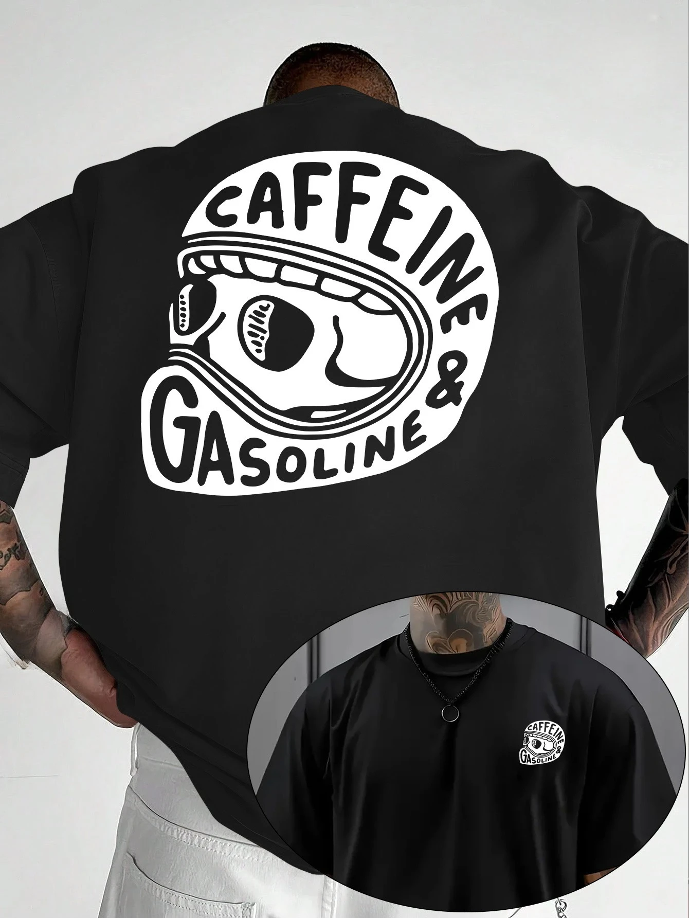 Patrón CAFFEINE GASOLINE, estilo casual. Camiseta para Hombre y Mujer, Estilo Veraniego, Novedosa, Oversize, Retro, Moderna, Casual, Holgada