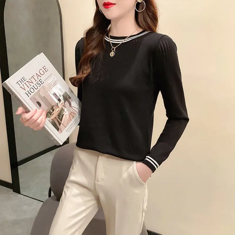 Spring Autumn Korean Version Slim Long Sleeve Pullovers Women Clothing Elegant Fashion O-neck Tops Casual Thin Knit Jumpers