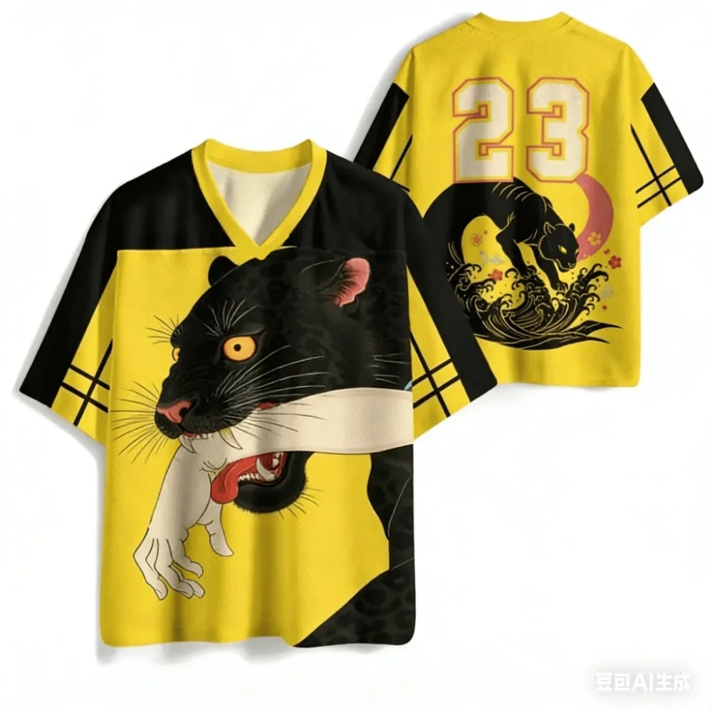 Ukiyo-e Panther 3D Print Comfort Breath Quick-Dry Men Women V-neckT-Shirt  Summer Outdoor Sport Y2K Style Parent-Child Clothing