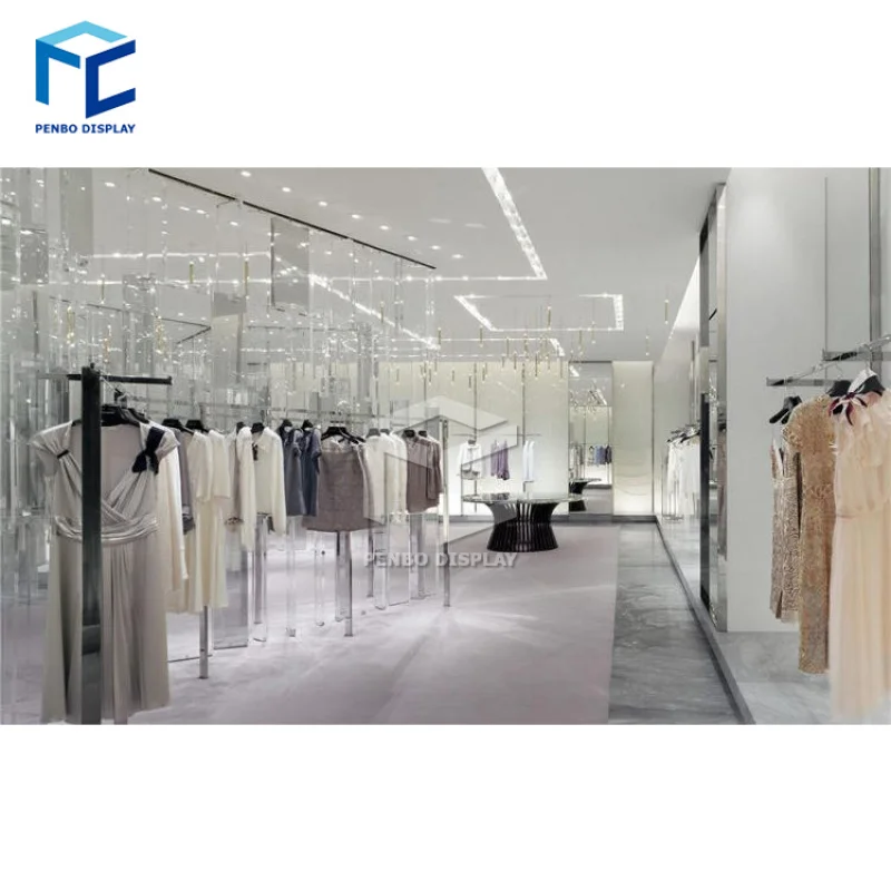 2025customized.Modern Cloth Showroom Interior Design Clothing Display Fixtures Garment Shelf Rack Display Clothing Shop