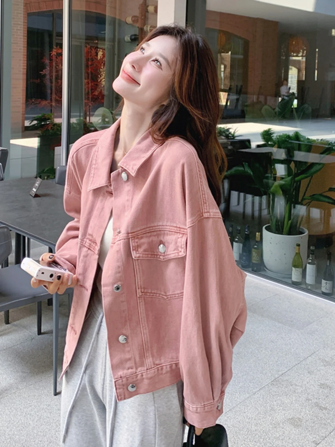 

Woman jackets Elegant Varsity Y2K Turn-Collar Fashion Decoration PU Grunge Street Casual Unisex Embroidered Cotton Suede Spring