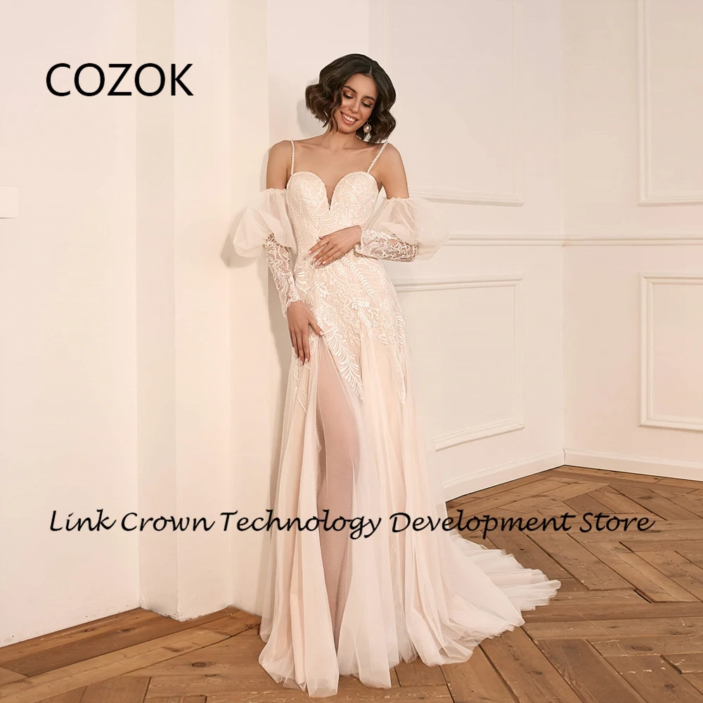 

COZOK Side Slit Wedding Dresses for Women 2024 Ivory Spaghetti Straps Full Sleeve Bridal Gowns with Lace Summer Vestidos De .