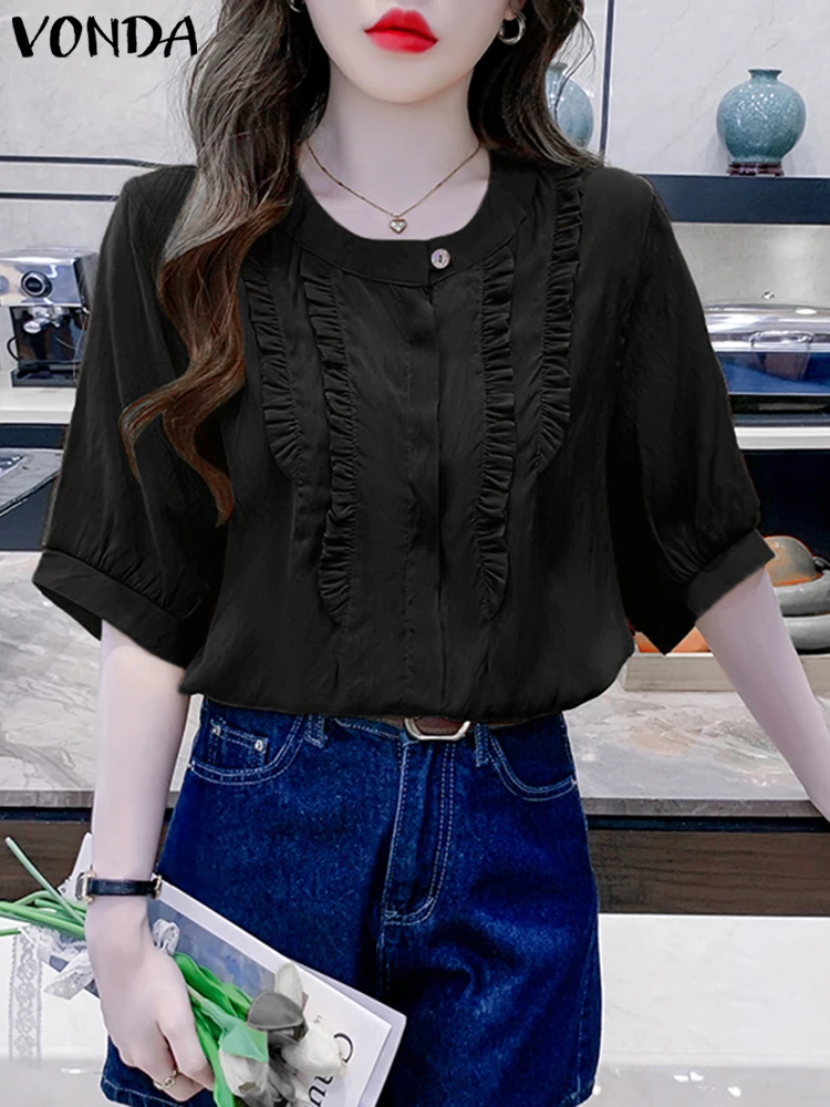 เสื้อคอโอ แขนสั้น VONDA เสื้อผู้หญิงแต่งระบาย แฟชั่น 2025 เสื้อคลุมทรงหลวม สไตล์ลำลอง สีพื้น เสื้อโอเวอร์ไซส์