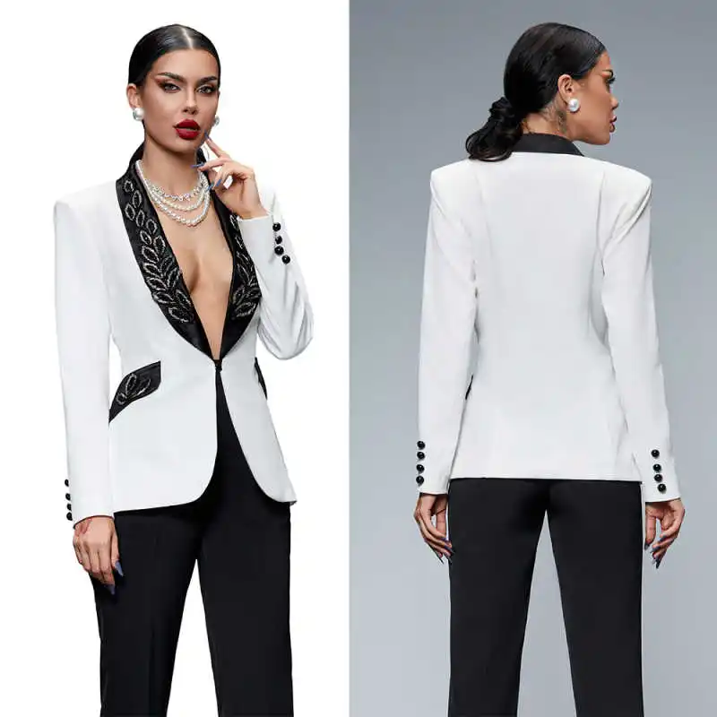 

Elegant 2 Pieces Women Suits Shawl Lapel One Button Pant Sets Office Ladies Work Beadeds Slim Fit Business Party Customized