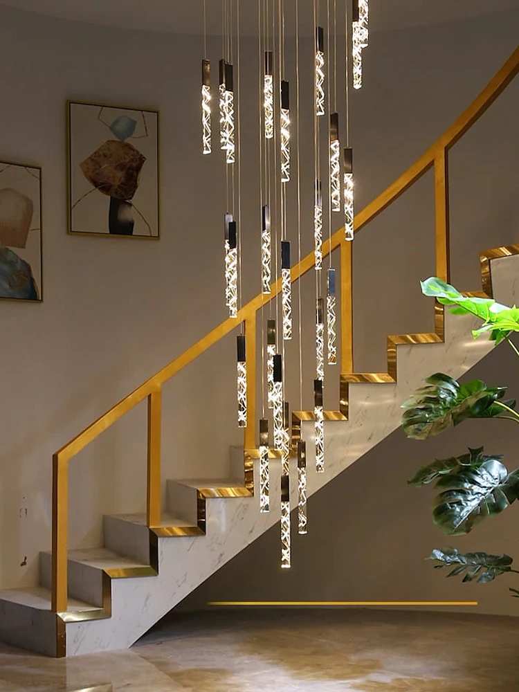 Modern LED Luxury Crystal Pendent Lamp Hanging Staircase Pendant Light Villa Living Room Ceiling Lamp