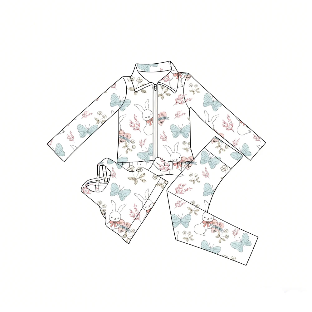 Boutique kid's sets including long-sleeved zip-up jackets trousers vests three-piece girls sets bunny butterfly flower print