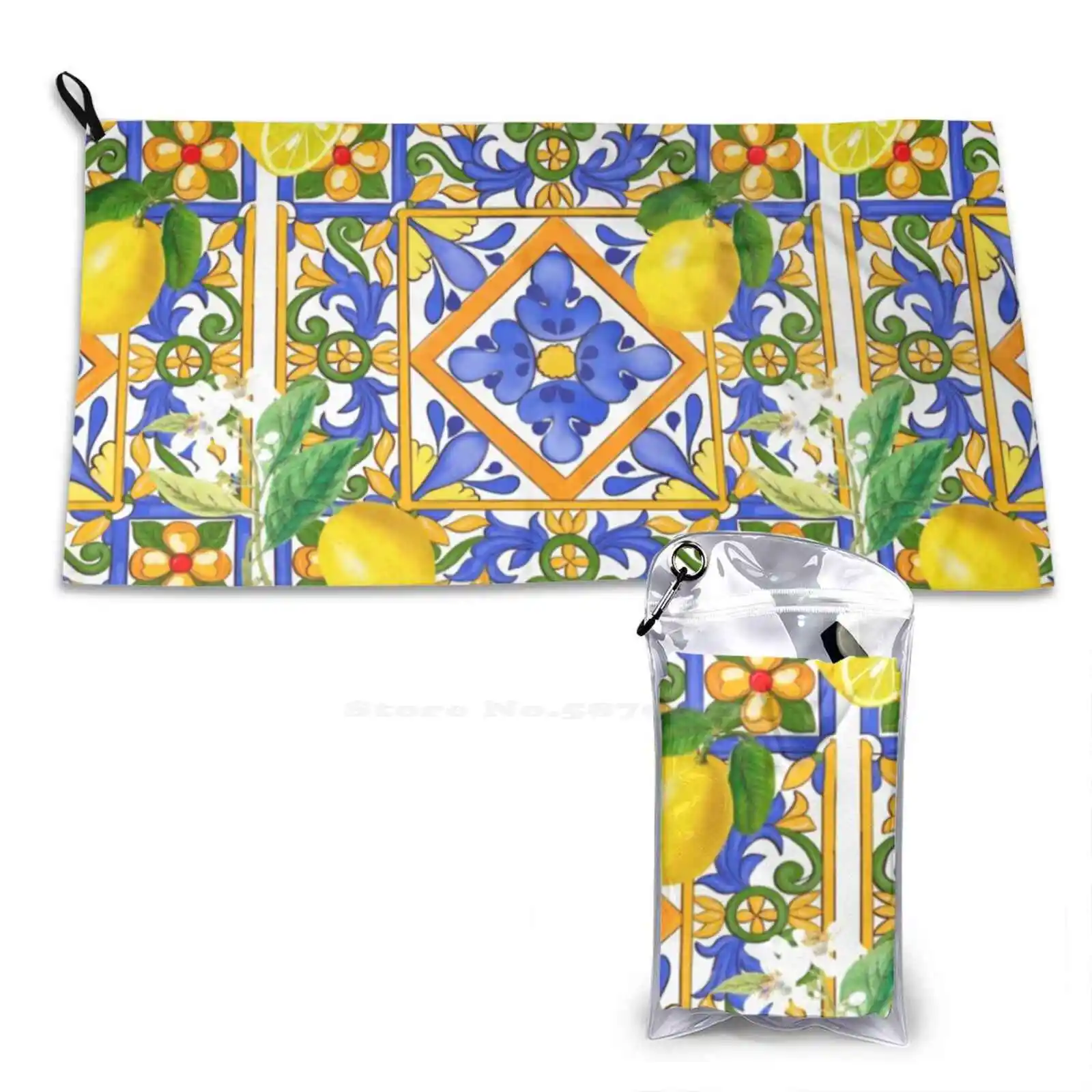 Summer , Sicilian Tiles , Citrus , Oranges , Majolica , Lemons , Mediterranean Fashion Soft Bath Towel Quick Dry Lemons