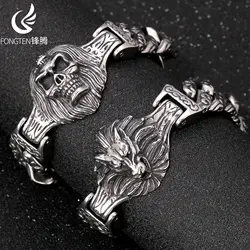 Fongten Creative Casting Wolf Head Skull Stainless Steel Bracelet For Men's Street Halloween Accessories Fashion Jewelry Gifts