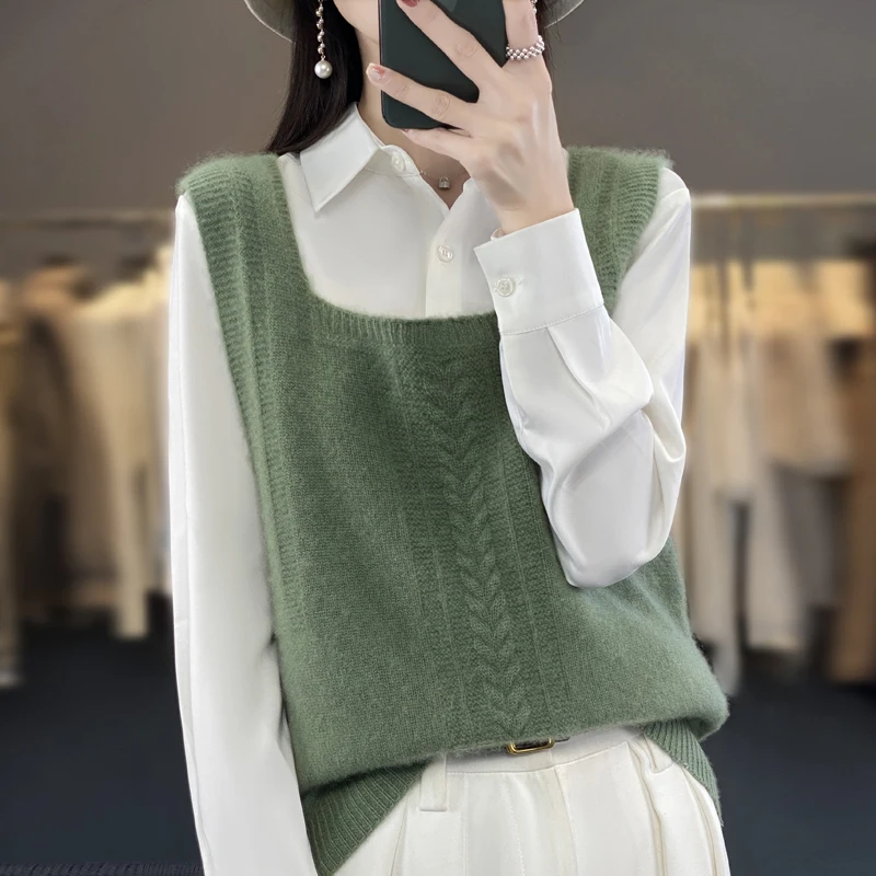 100% pure wool autumn and winter new vest women's knitted cashmere sweater vest sleeveless square neck sling solid color Joker.