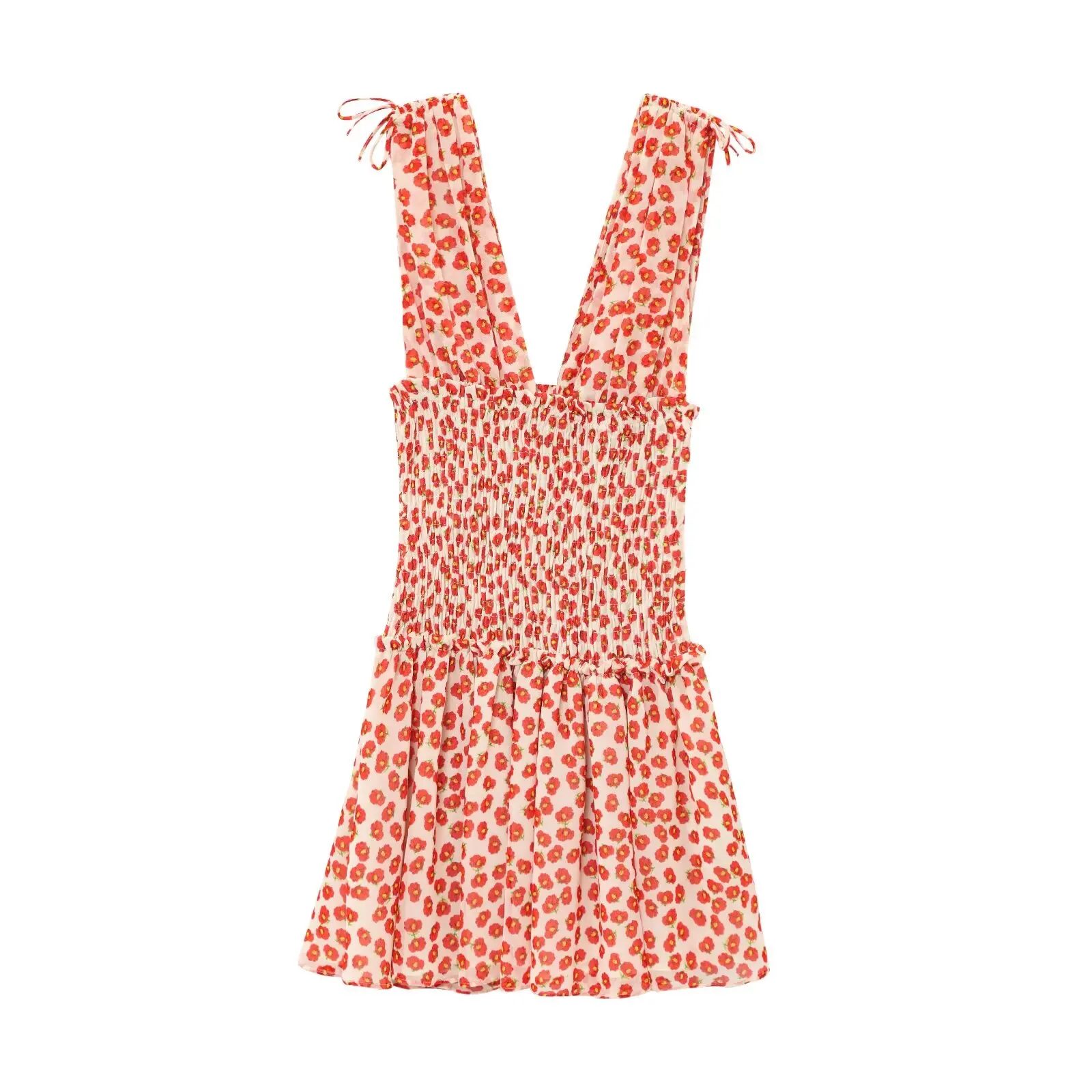 

Women's new fashion bow shoulder strap decoration slim V-neck Pleated printed mini dress retro sleeveless backless women's dress