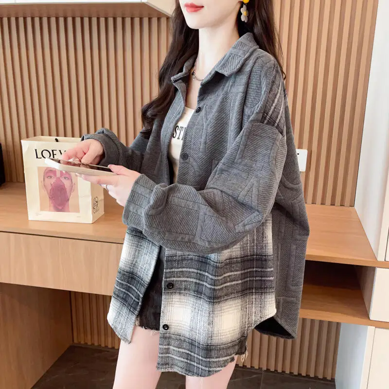 Hot 2025Spring Autumn New Women Fashion Soft Loose Splicing Tops Shirt Korean Edition Medium Long Casual Versatile Cardigan Coat