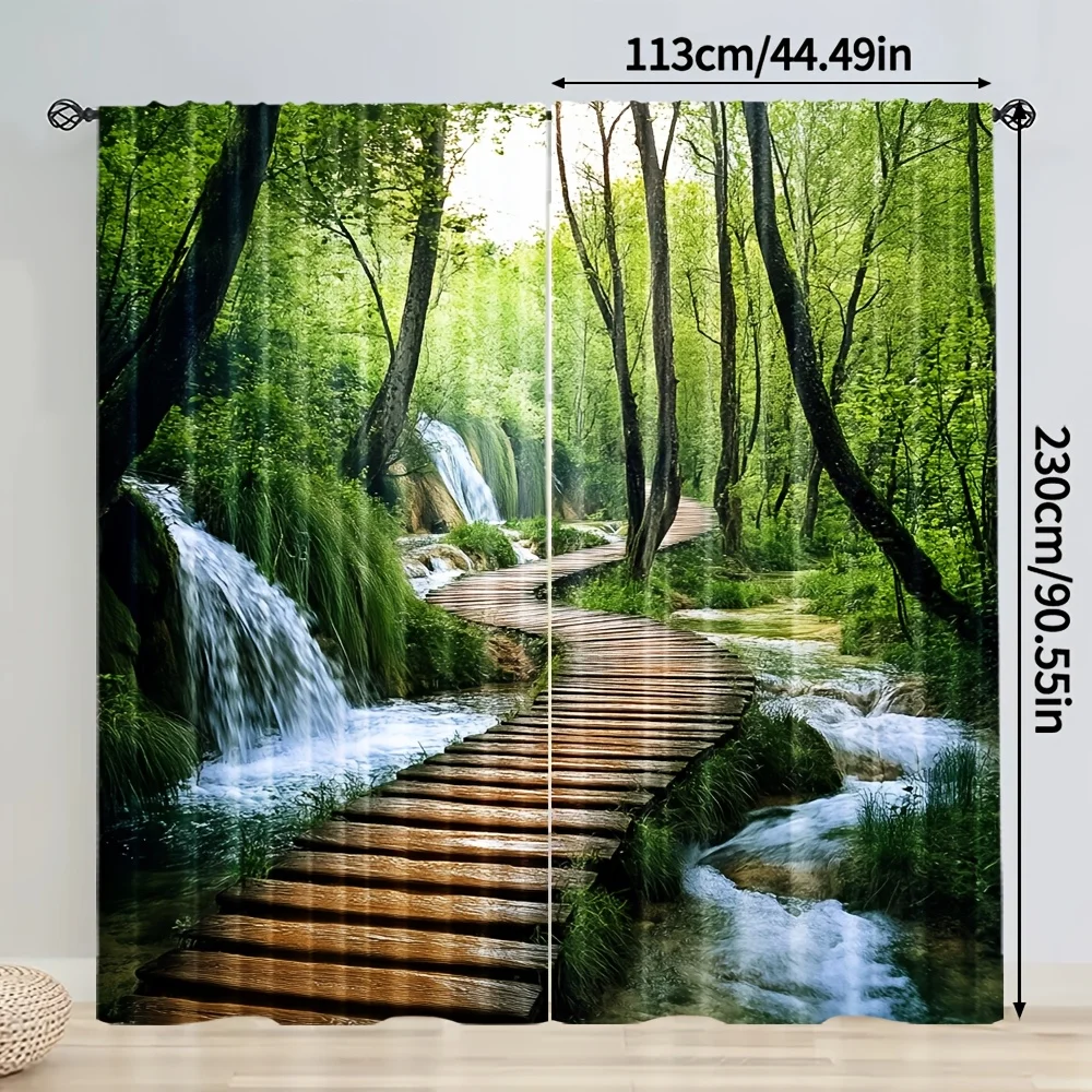 2er-Set Wald-Wasserfall-Holzweg-Natur-Szenen-Vorhang für Wohnzimmer und Schlafzimmer – Entspannender Landschaftsvorhang
