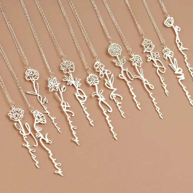 

Персонализированный брелок-подвеска с именем и цветами на день рождения, из нержавеющей стали, ювелирные подарки для пар и семьи