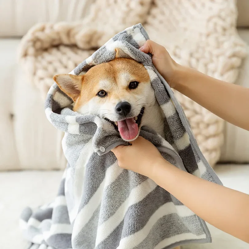 Striped Bathrobe For Cats And Dogs Bath Towel Soft All-wrapped Quick-drying Absorbent Bath Towel Pet Comfort Coat
