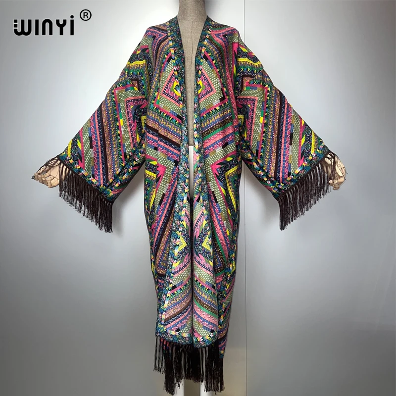 WINYI كيمونو الصيف بيكيني للشاطئ التستر مثير شرابة سترة عطلة كم طويل فستان ماكسي ملابس الشاطئ النساء 2025 المعطف معطف